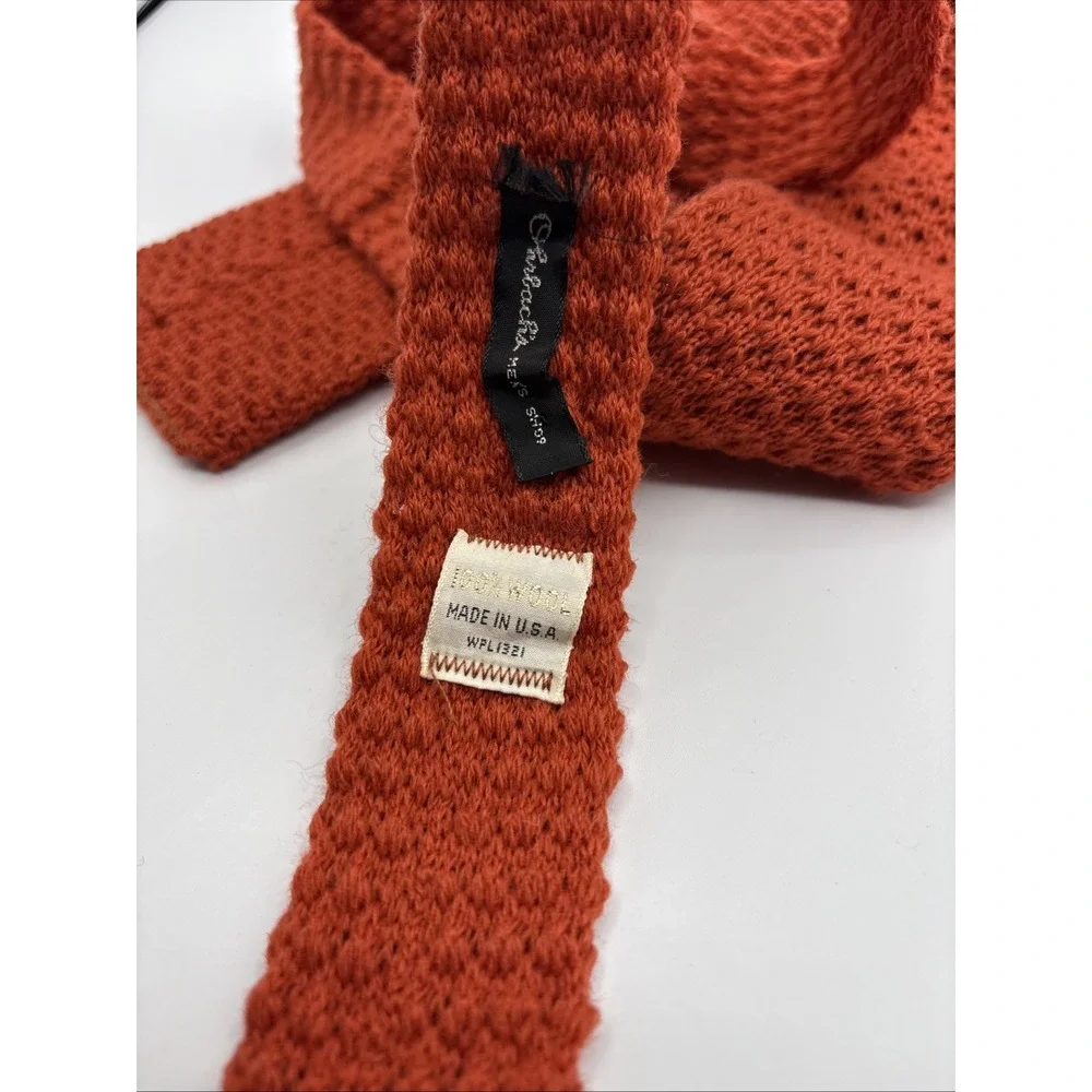 Vintage Ohrbachs Square End Tie Mens Orange Wool Knit Made In USA